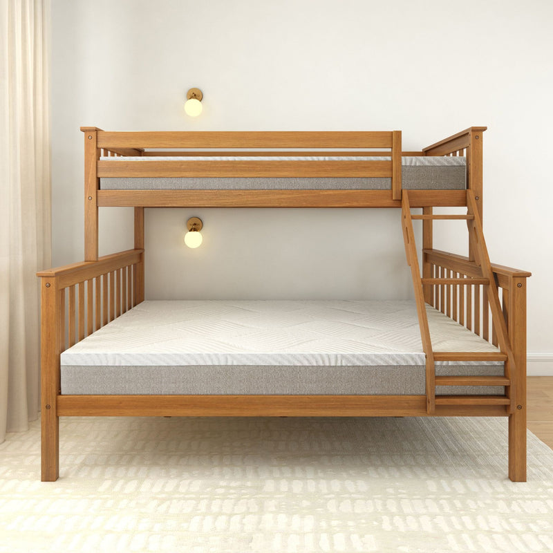 Wooden bunk bed with built-in stairs in a modern bedroom setting.