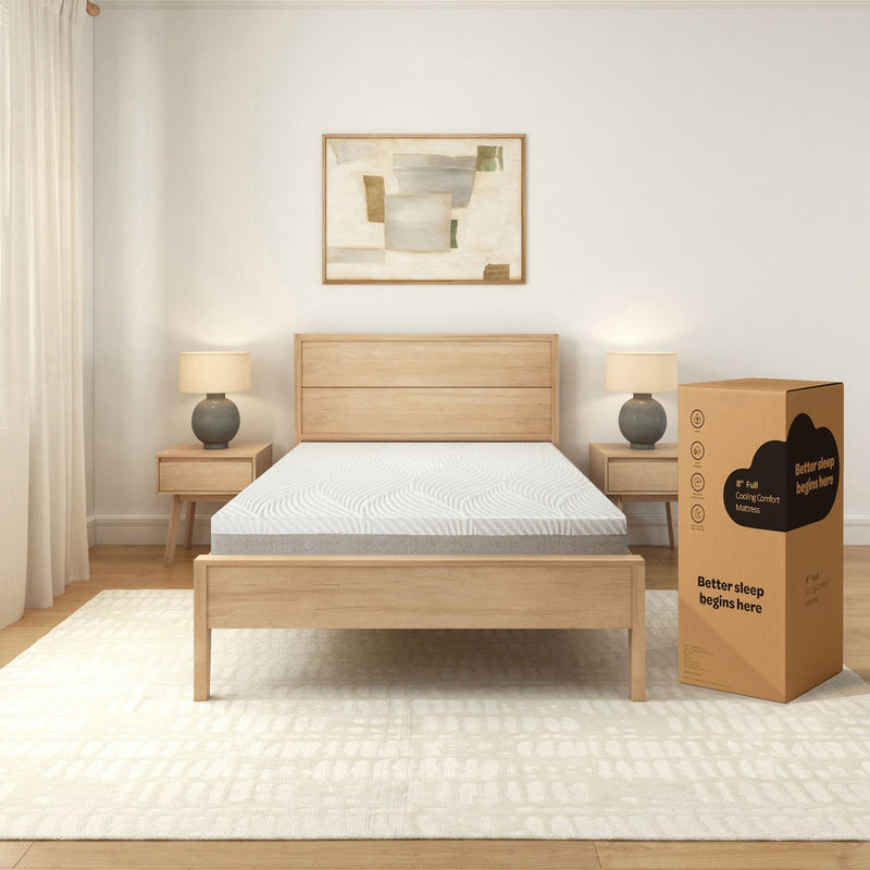 Modern bedroom with wood furniture featuring an 8-inch cooling comfort mattress in a box, enhancing sleep quality.
