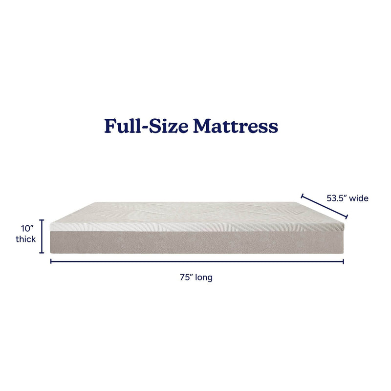 Full-size mattress dimensions: 75 inches long, 53.5 inches wide, and 10 inches thick.