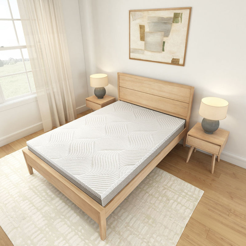 Modern bedroom with wooden bed frame, minimalist decor, and memory foam mattress.