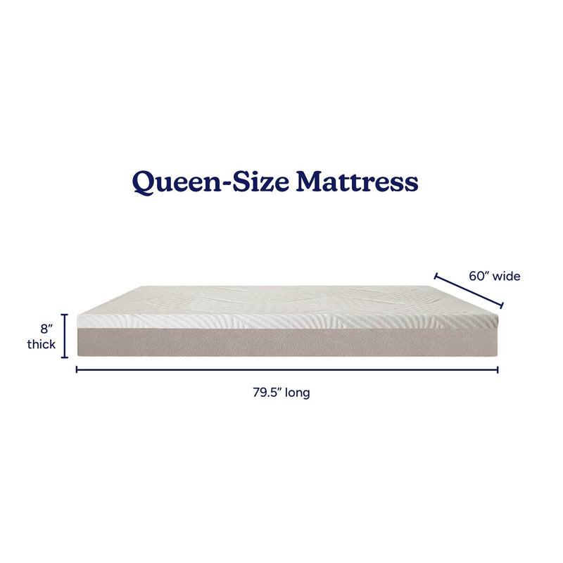 Queen-size mattress dimensions: 60 inches wide, 79.5 inches long, and 8 inches thick.