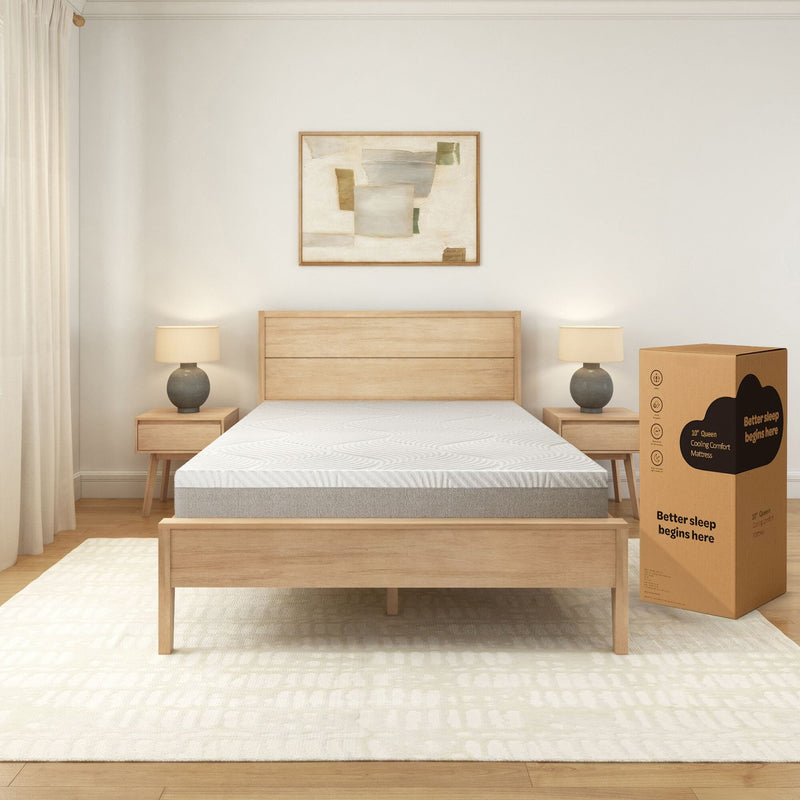 Queen size cooling comfort mattress on wooden bed frame in modern bedroom setting.