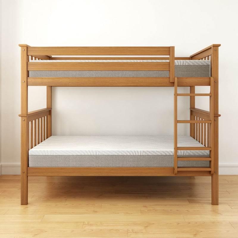 Wooden bunk bed with ladder in a bright bedroom.