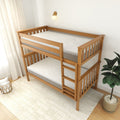 Wooden bunk bed with comfortable mattresses in modern bedroom setting, featuring natural light and stylish decor elements.