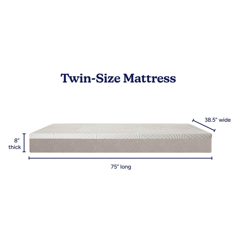 Twin-size mattress dimensions: 38.5 inches wide, 75 inches long, 8 inches thick.