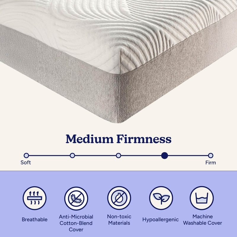 Medium firmness mattress with breathable, hypoallergenic, anti-microbial cotton-blend cover, non-toxic materials, and machine washable cover.