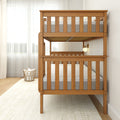 Wooden bunk bed with comfortable mattresses in a bright, modern bedroom featuring large windows and light decor.
