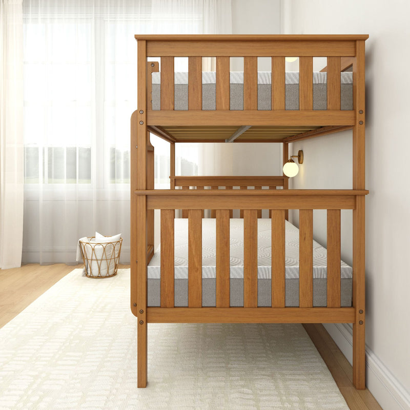 Wooden bunk bed with comfortable mattresses in a bright, modern bedroom featuring large windows and light decor.