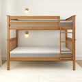 Wooden bunk bed with ladder in minimalist bedroom.