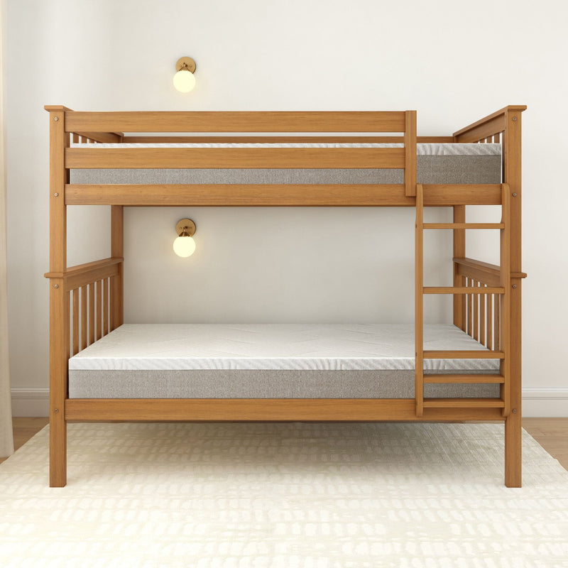 Wooden bunk bed with ladder in minimalist bedroom.