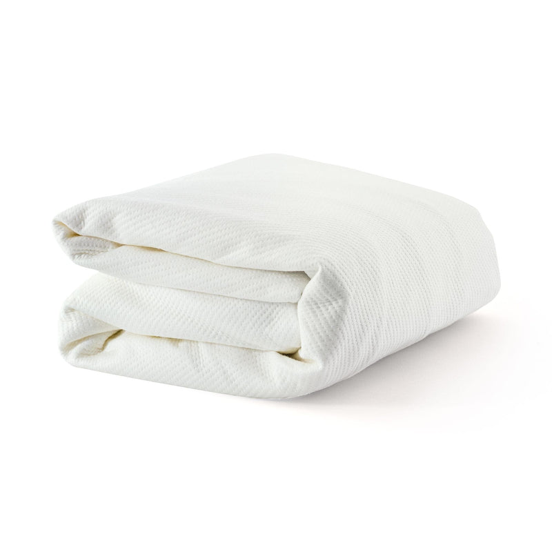 Folded white blanket on a plain background showcasing soft and cozy fabric.