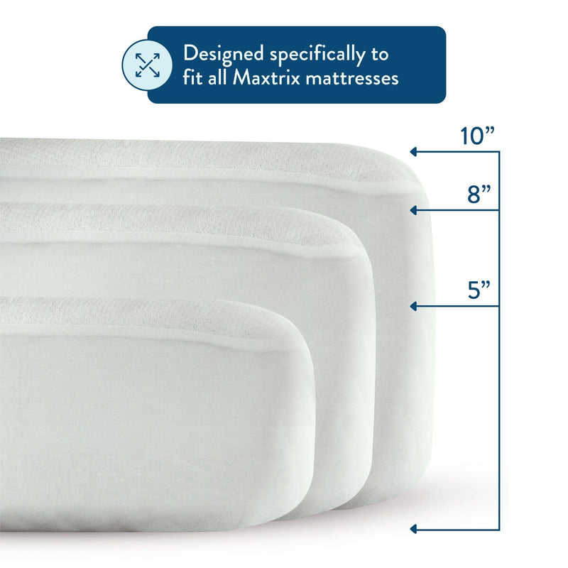 Mattress depth options illustration for Maxtrex beds featuring 5 inches, 8 inches, and 10 inches thickness designs.