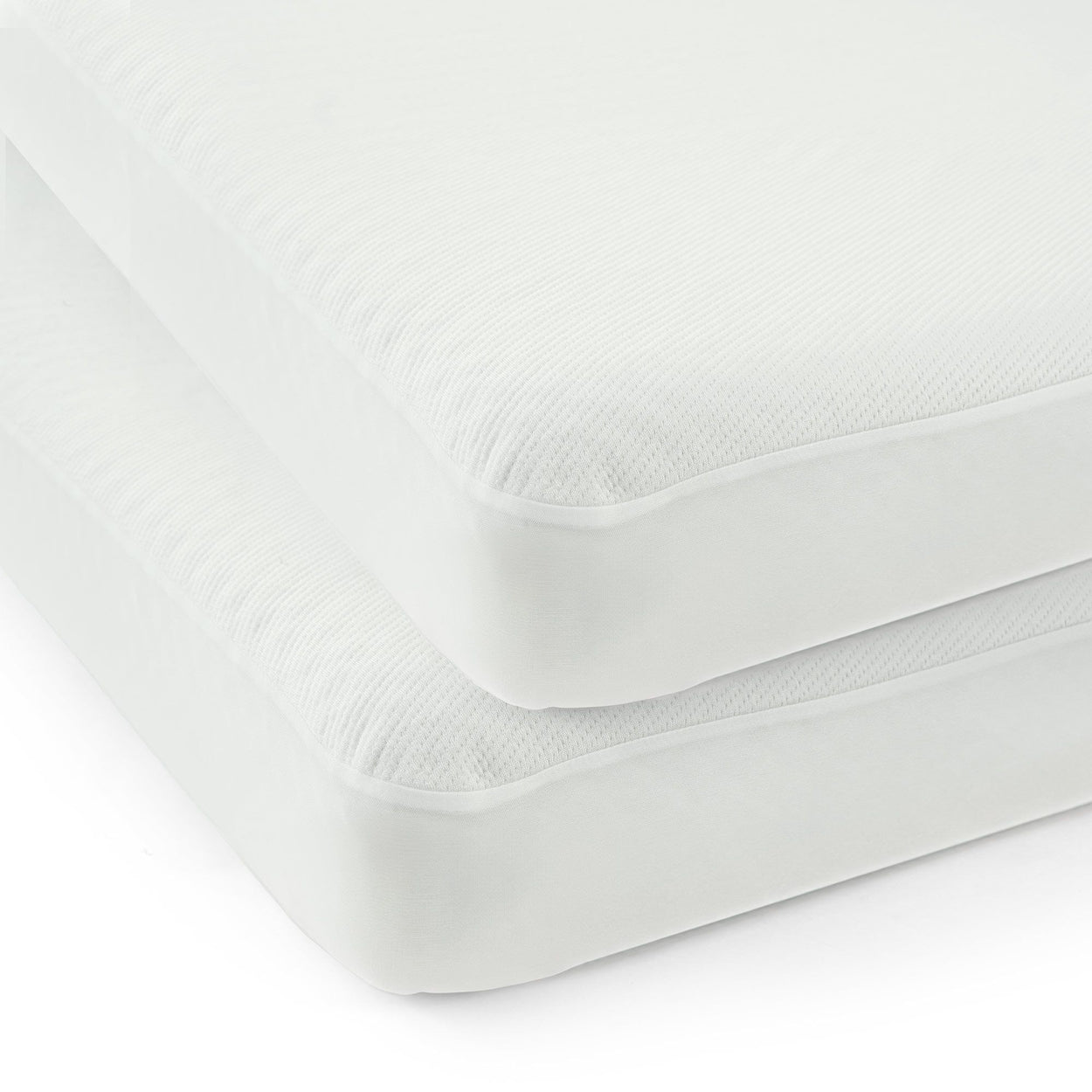 Two stacked white memory foam mattresses on a white background, ideal for comfortable sleep and bedroom decor.