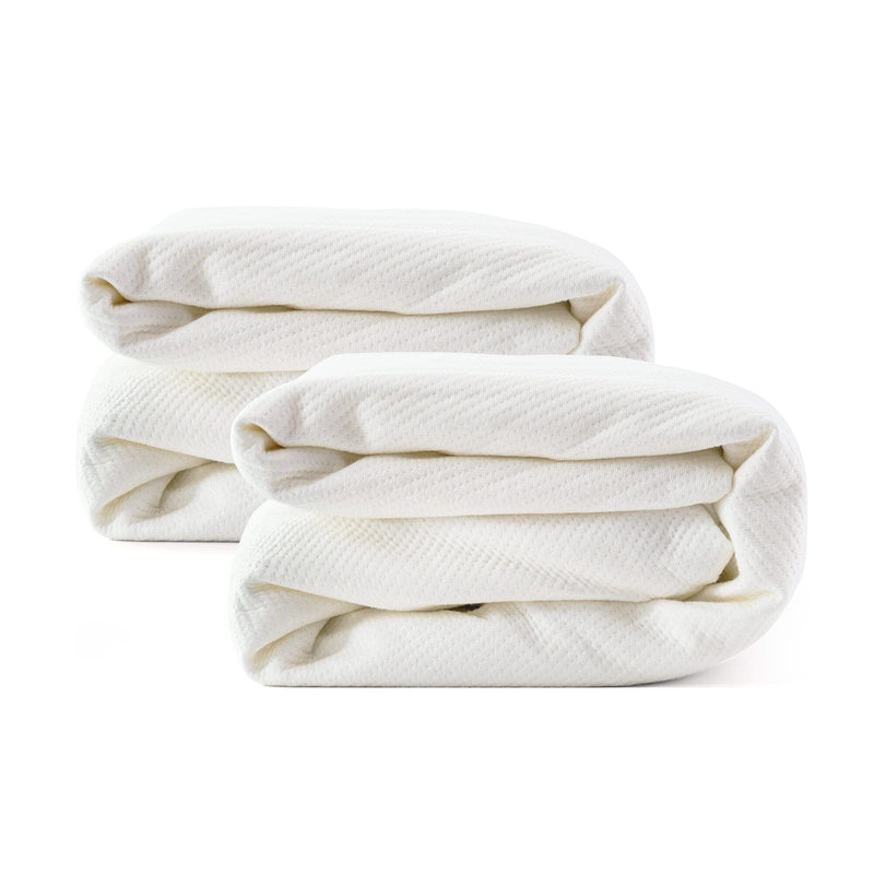 Two folded white blankets stacked on a white background.