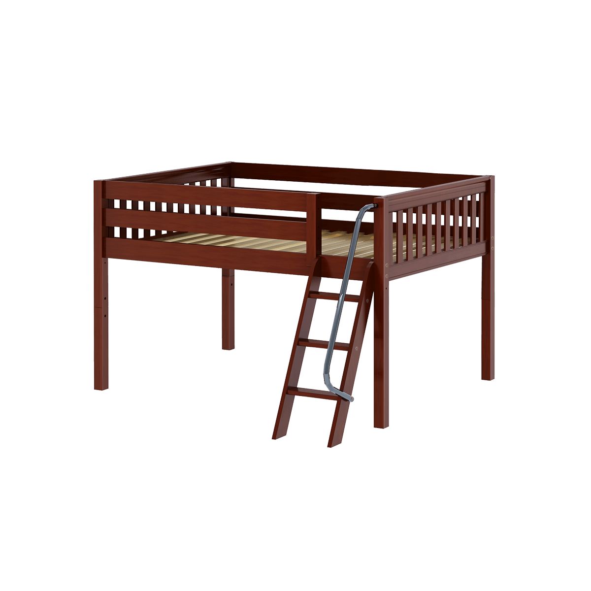 Elegant wooden loft bed with safety rails and ladder, perfect for maximizing space in small bedrooms.