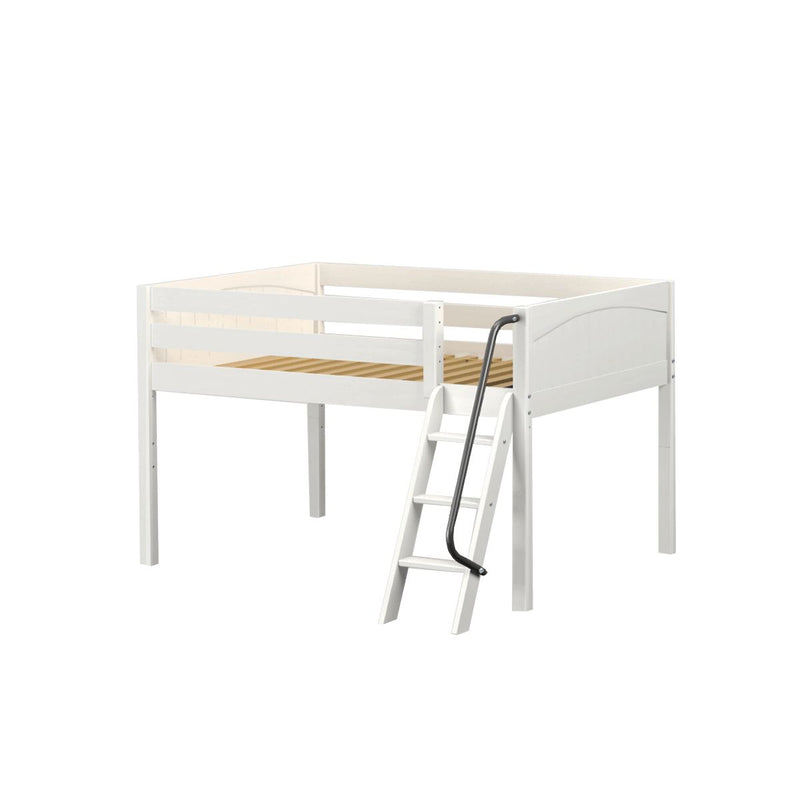 White wooden loft bed with angled ladder and safety rails, single raised bed frame for kids and space-saving bedroom furniture