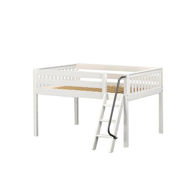 White wooden loft bed with safety rails and angled ladder — space-saving twin kids loft bed with slatted mattress base for small bedrooms