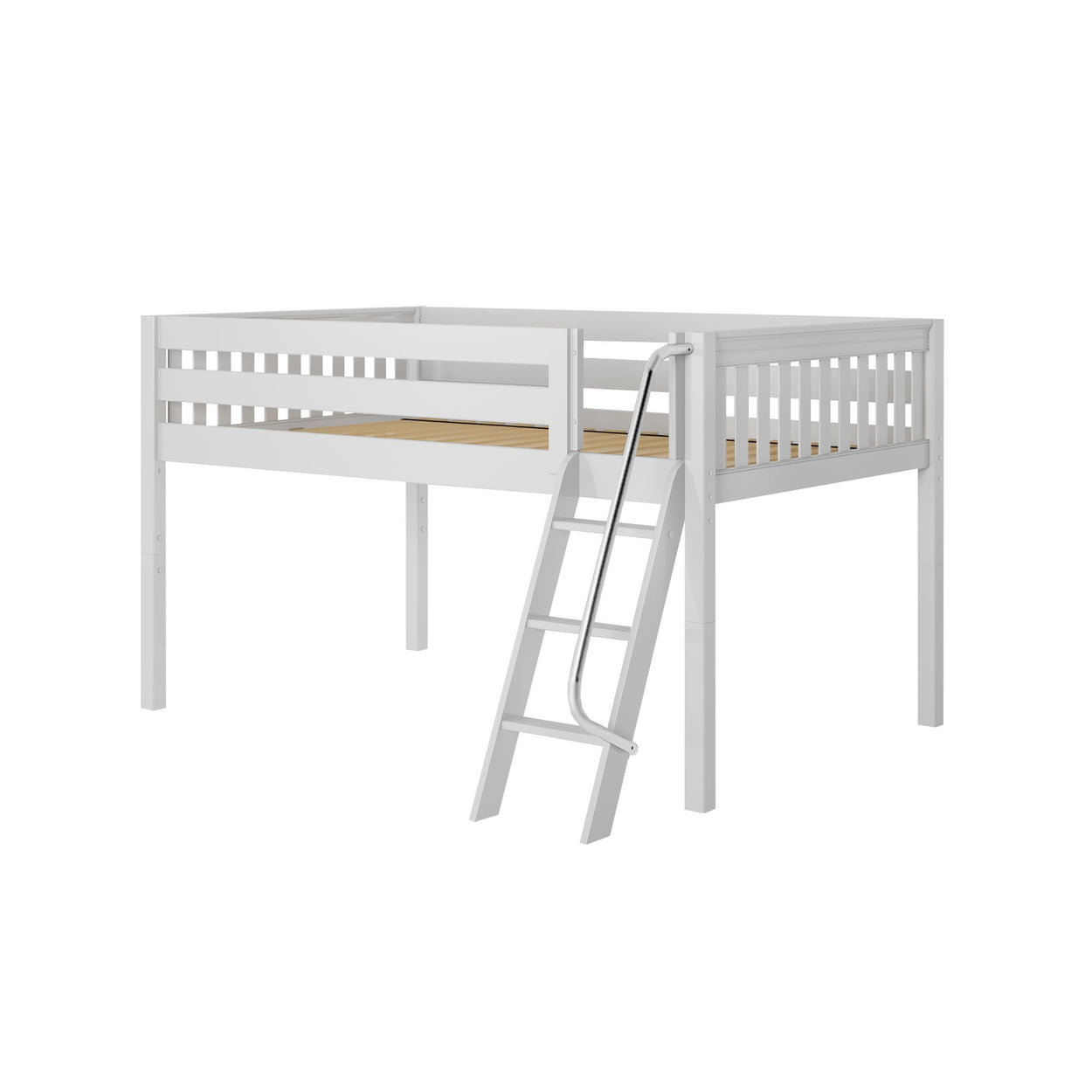 White wooden loft bed with ladder, ideal for kids' bedroom space-saving furniture solutions.