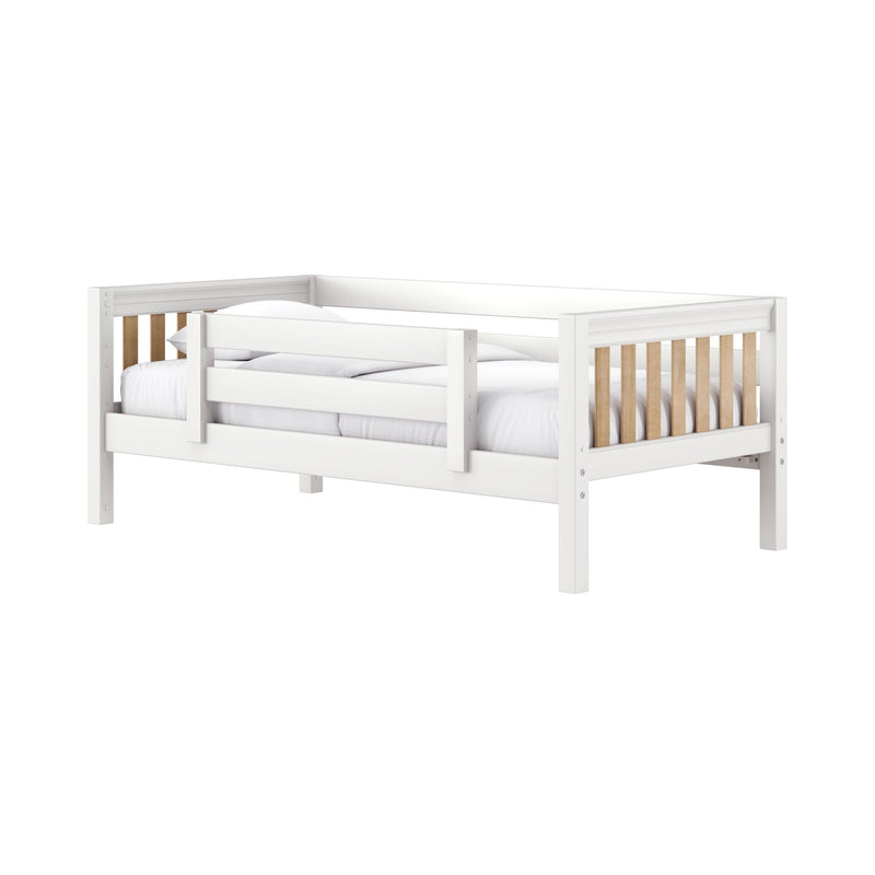White wooden toddler/twin daybed with safety guardrails, natural wood slats and white bedding