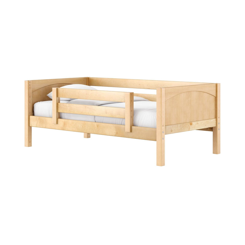 Maple twin loft bed with wooden safety rails and white bedding, light natural finish children's bed frame for small bedrooms