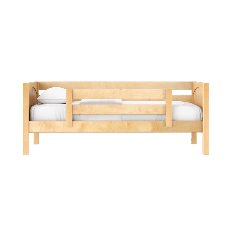 Natural maple solid wood twin bed frame with safety guardrail and white bedding, modern kids loft bed