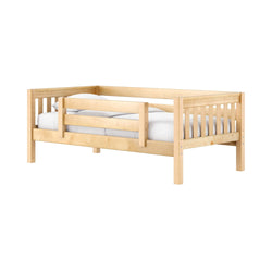 Natural solid wood twin loft bed with safety guardrail and white mattress, mission-style children's bed for kids' bedroom
