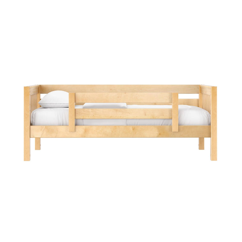 Natural maple solid wood toddler bed with safety guardrail, white mattress and pillow — modern children's daybed for nursery