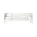 White wooden bunk bed with safety guardrail, white mattress and pillow, minimalist kids bedroom furniture
