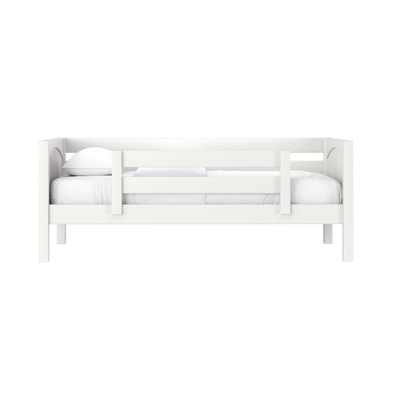 White wooden bunk bed with safety guardrail, white mattress and pillow, minimalist kids bedroom furniture