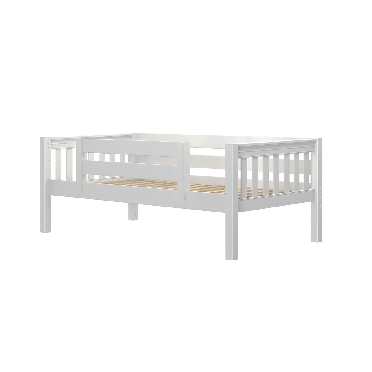 Low-profile white wooden toddler bed frame with safety guardrail and slatted mattress support for nursery and kids' room