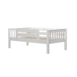 Low-profile white wooden toddler bed frame with safety guardrail and slatted mattress support for nursery and kids' room