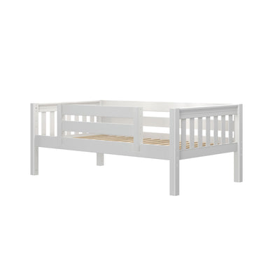 White wooden toddler bed frame with safety guardrails and slatted base, low-profile kids daybed for nursery