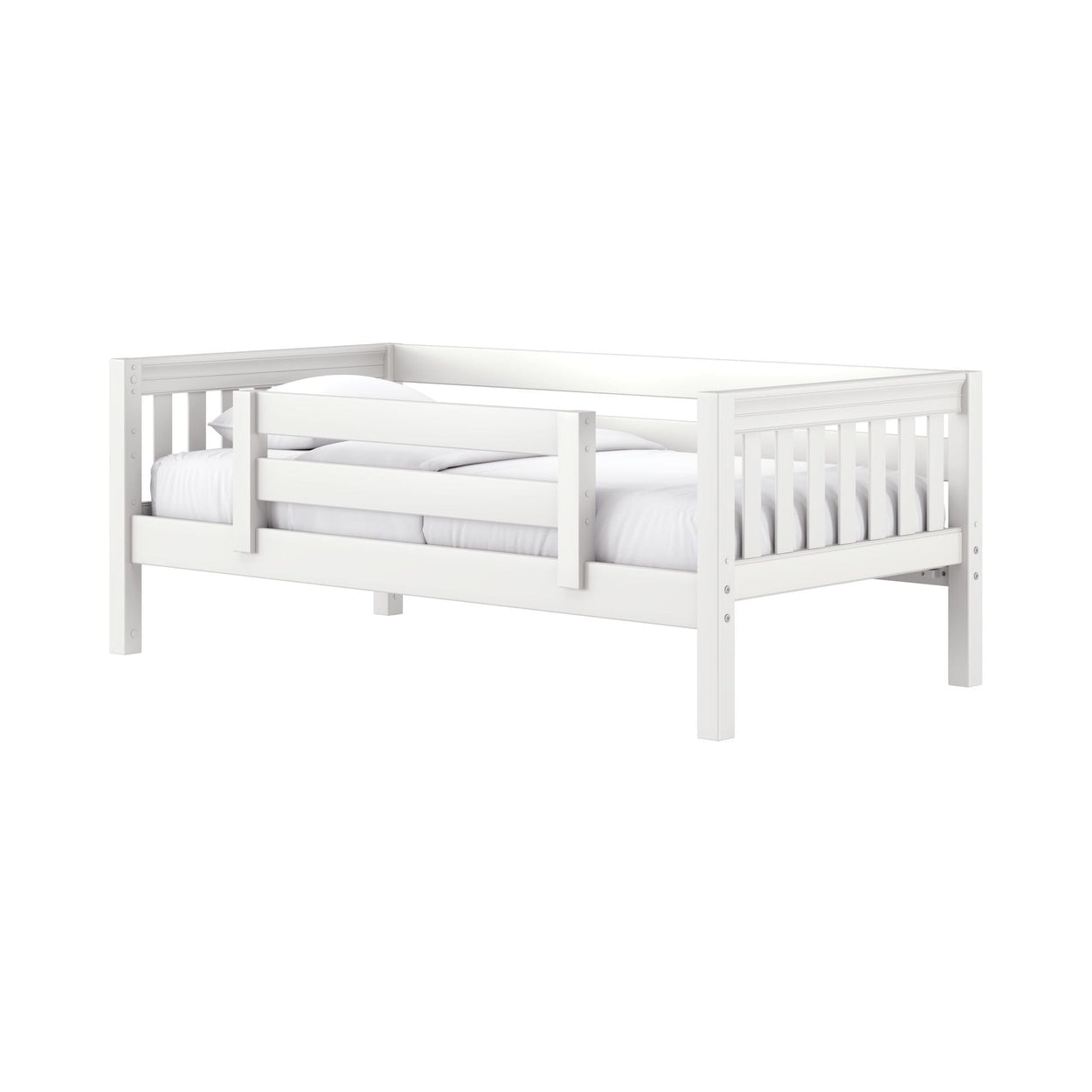 White wooden toddler bed with safety rails, slatted sides and white bedding — twin-sized kids' bed for modern children's bedrooms