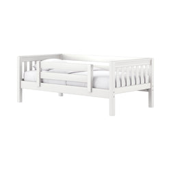 White wooden toddler bed with safety rails, slatted sides and white bedding — twin-sized kids' bed for modern children's bedrooms