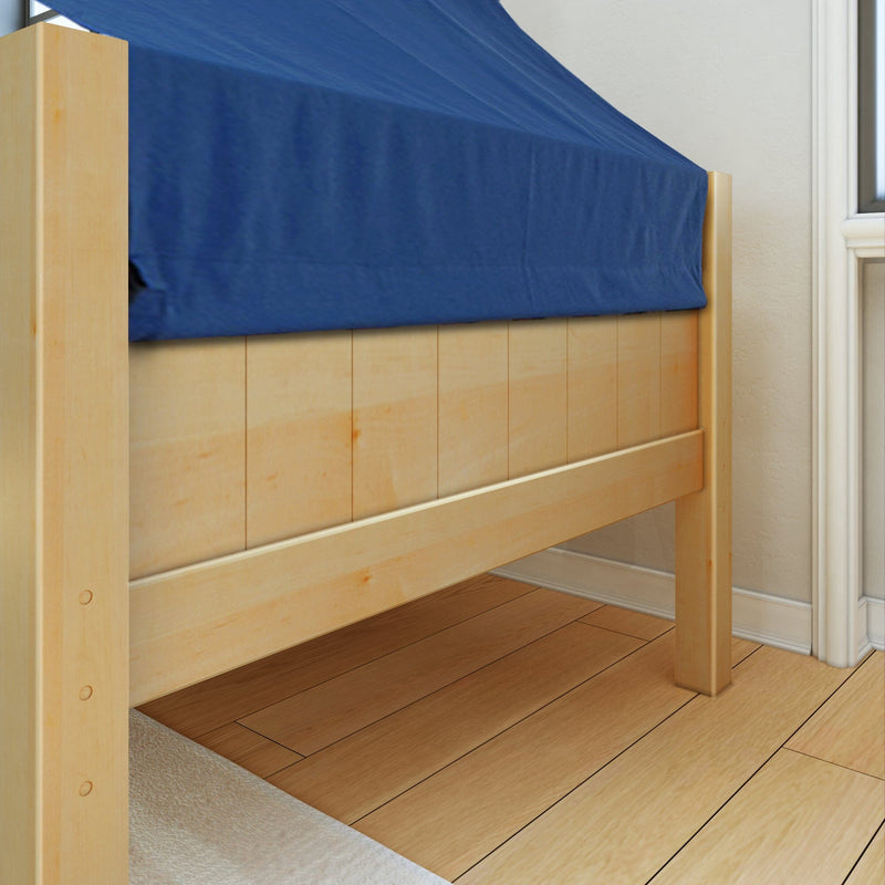 Light natural pine wooden bed frame with blue fitted sheet on hardwood floor beside a window in a bright bedroom