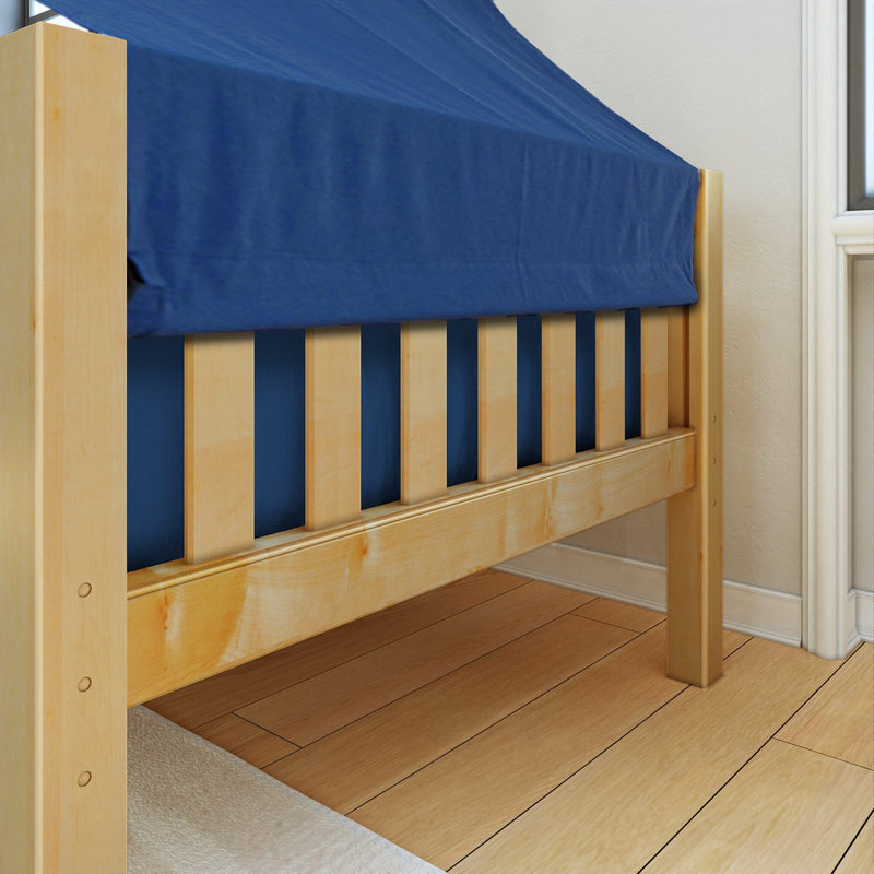 Light wood slatted bed frame with navy blue fitted sheet on hardwood floor in a simple modern bedroom