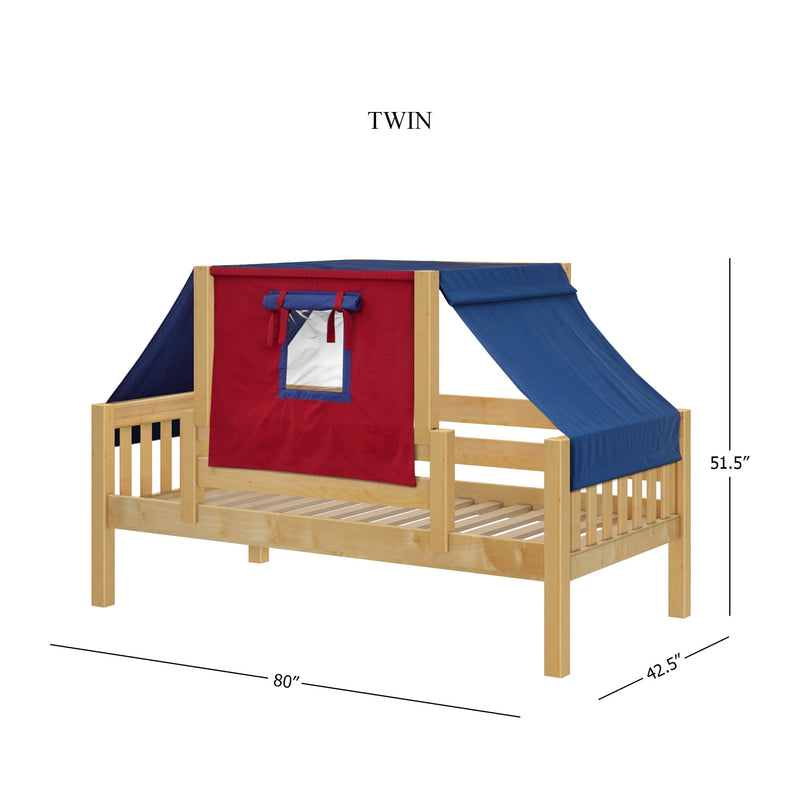 Twin wooden kids bed with red and blue play tent canopy, slatted platform, natural finish, dimensions 80 x 42.5 x 51.5 inches