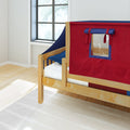 Children's wooden bed with red playhouse tent cover and small window flap, blue bedding on natural pine frame in bright bedroom with hardwood floor and area rug
