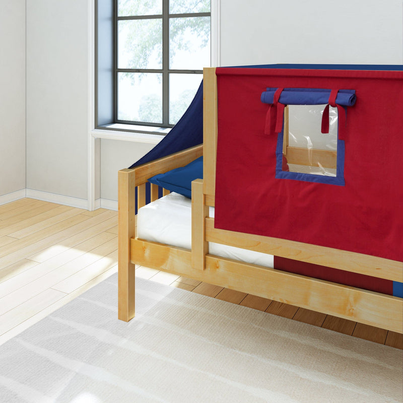 Children's wooden bed with red playhouse tent cover and small window flap, blue bedding on natural pine frame in bright bedroom with hardwood floor and area rug