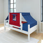 White wooden kids tent bed single with navy blue and red canopy and play-window, styled in a bright modern children's bedroom on hardwood floors