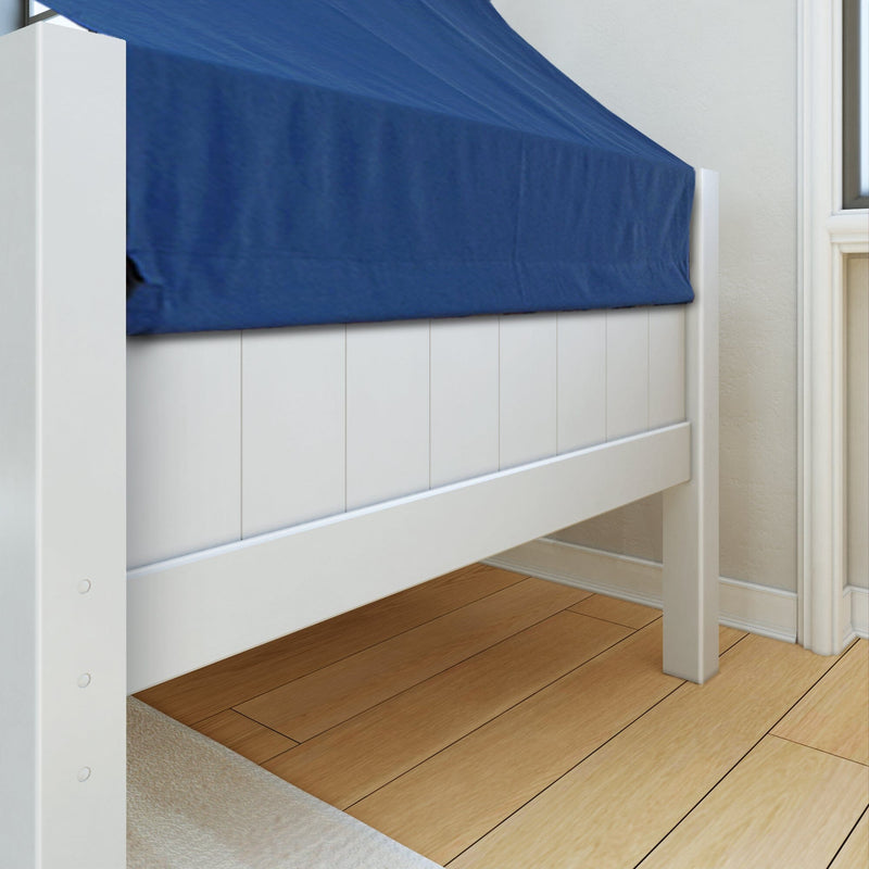 Close-up of a white wooden bed frame footboard with a blue fitted sheet on a light hardwood floor in a modern bedroom