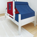 White wooden children's bed with navy blue canopy tent, red play panel and blue bedding in a bright modern kids' bedroom