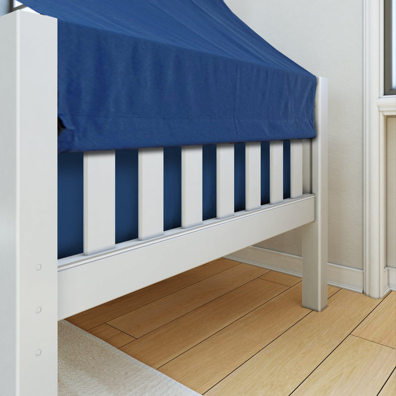 Close-up of white wooden bed frame with blue fitted sheet, slatted side rail and bed leg on hardwood floor