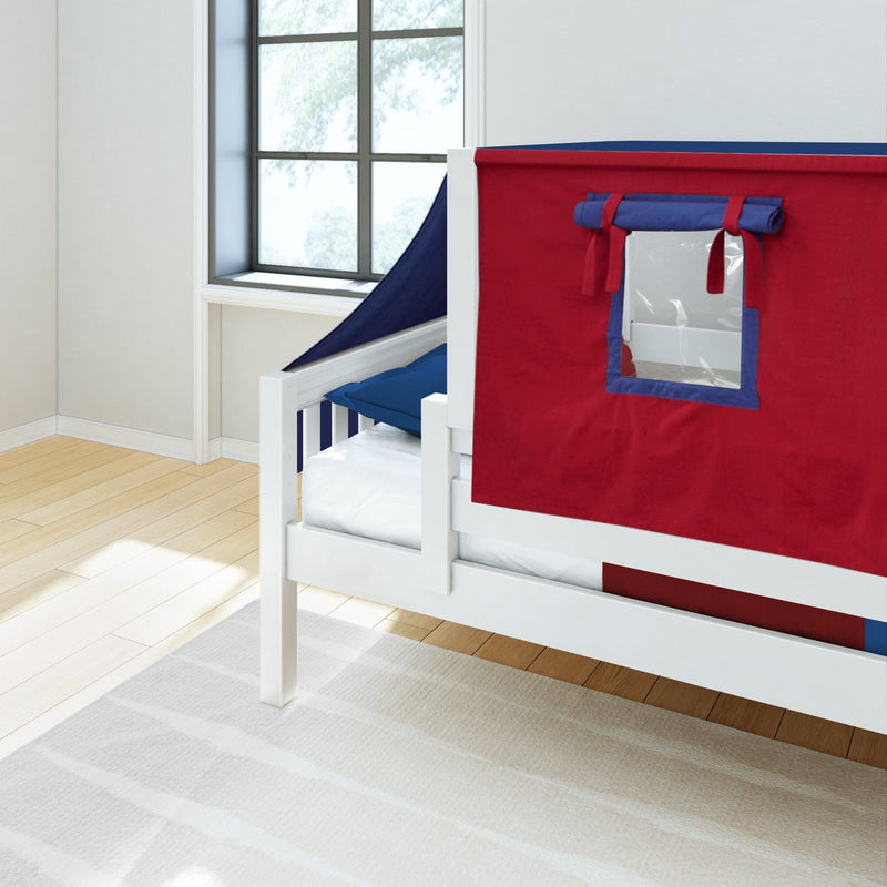 White wooden children's loft bed with red and blue play-tent panel and window, blue bedding on mattress, sunlit hardwood floor in a modern nursery