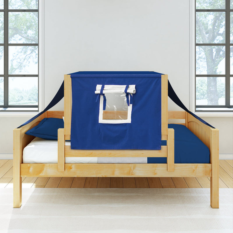 Natural pine children's twin bed with navy blue play-tent canopy and roll-up window, blue bedding in bright kids' bedroom