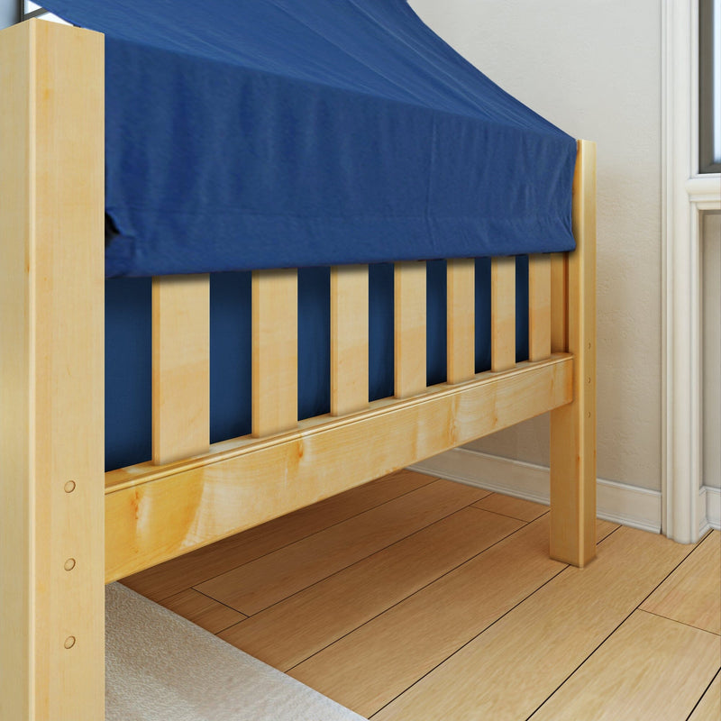 Light natural wood slatted bed frame with navy blue fitted sheet on hardwood floor in a modern bedroom
