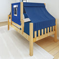 Natural pine twin kids bed with navy blue tent canopy and window flap, wooden play bed with mattress and bedding in modern bedroom