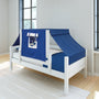 White wooden single children's bed with navy blue canopy tent and window panel in bright modern bedroom