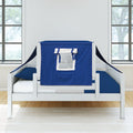 White kids bed with navy blue play-tent canopy and clear window panel, blue bedding and pillow in bright modern children's bedroom