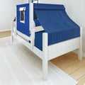 White wooden children's canopy bed with navy blue playhouse tent canopy and matching blue bedding in a modern bedroom